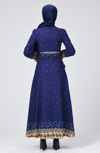 Patterned Belted Dress 60066-01 Navy Blue 60066-01