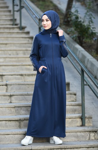 Sports Abaya sleeves decorated with strass Navy blue 8084-05
