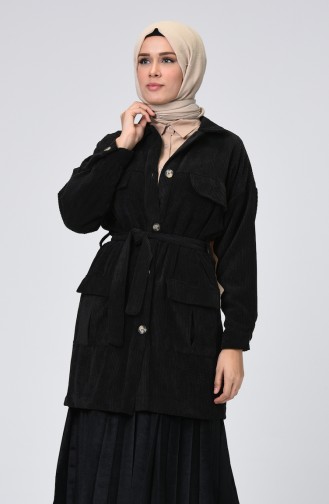 Pocket Detailed Belted Velvet Cape Black 1021-01