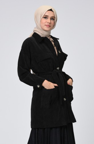 Pocket Detailed Belted Velvet Cape Black 1021-01