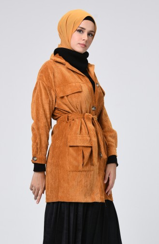 Pocket Detailed Belted Velvet Cape Mustard 1021-04