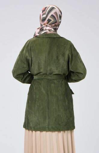 Pocket Detailed Belted Velvet Cape Green 1021-05