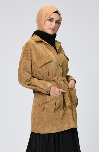 Pocket Detailed Belted Velvet Cape Camel 1021-06