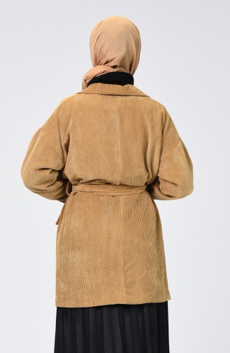 Pocket Detailed Belted Velvet Cape Camel 1021-06