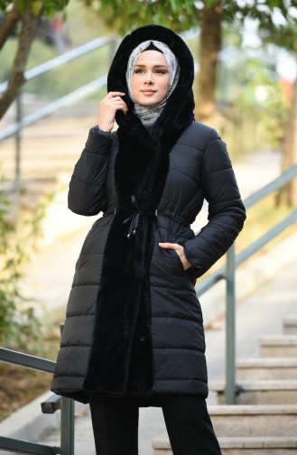 Plush Detailed Quilted Coat Black 0388-01