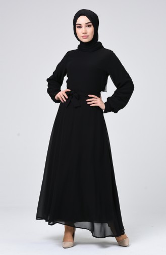 Kuşaklı Şifon Elbise 1712-02 Siyah