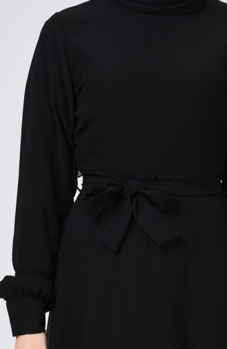 Kuşaklı Şifon Elbise 1712-02 Siyah