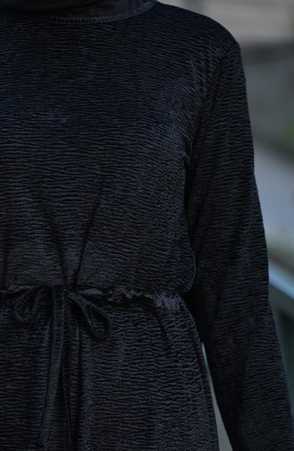 Kadife Beli Büzgülü Elbise 5040-01 Siyah
