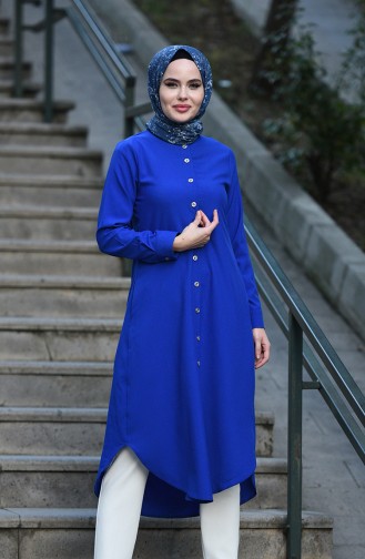 Düğmeli Uzun Tunik 10122-05 Saks 10122-05
