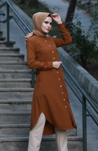 Düğmeli Uzun Tunik 10122-07 Taba