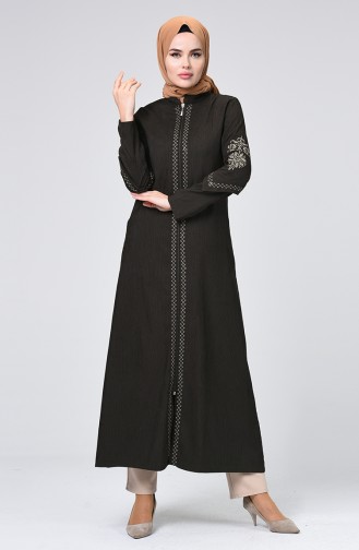 Velvet Embroidered Abaya Khaki 61302-04