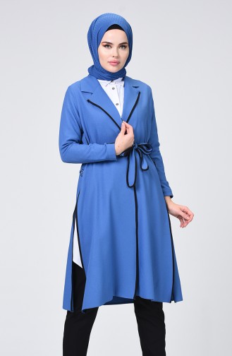 Button Detailed Belted Cape Indigo 0253-07