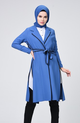 Button Detailed Belted Cape Indigo 0253-07