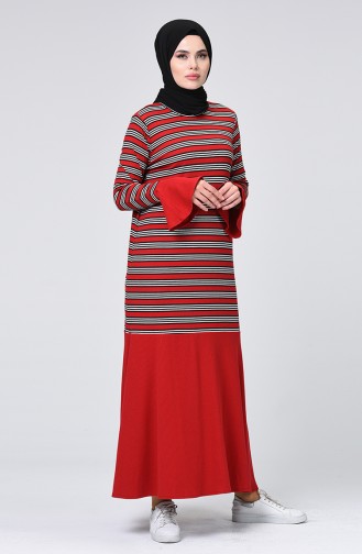 Çizgili Elbise 1362-01 Kırmızı