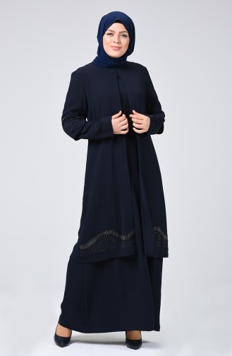 Navy Blue Hijab Evening Dress 1003-02