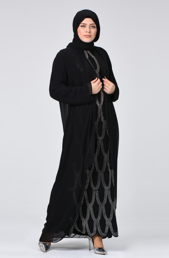 Big Size Strass Printed Evening Dress Black 6286-03