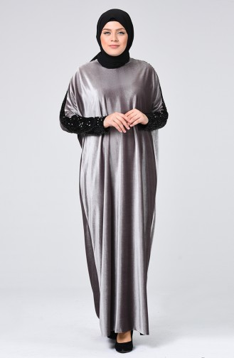 Payetli Kadife Elbise 1077-02 Koyu Bej