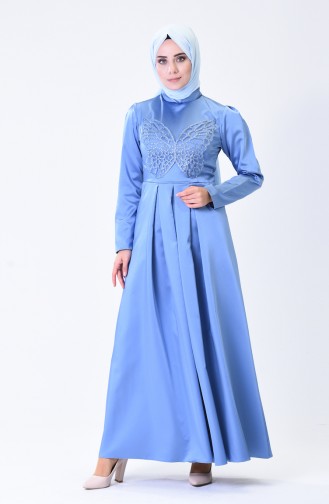 Pileli Saten Abiye Elbise 1008-01 Mavi