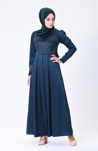 Petrol Hijab Evening Dress 1008-03