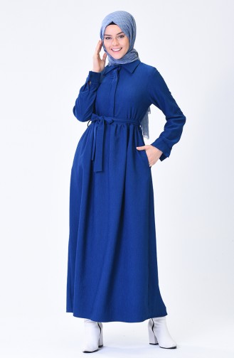 Belted Corded Dress Dark Blue 3080-01