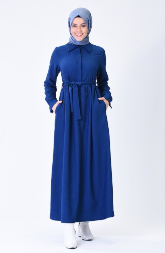 Belted Corded Dress Dark Blue 3080-01