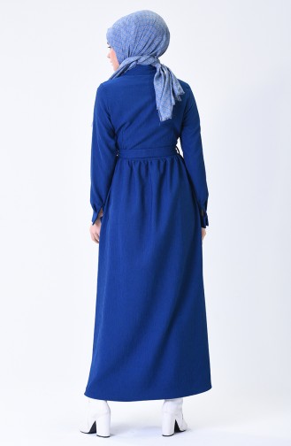 Belted Corded Dress Dark Blue 3080-01