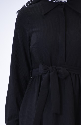 Kuşaklı Fitilli Elbise 3080-02 Siyah 3080-02