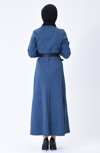 Deri Detaylı Kışlık Elbise 0342-03 Mavi