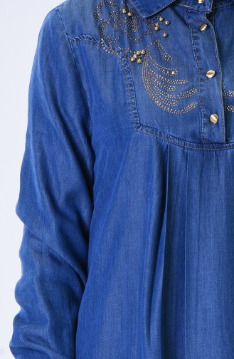 Taş Baskılı Kot Elbise 9141-01 Mavi