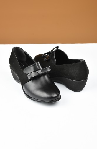 Bayan Fiyonklu Dolgu Topuk Ayakkabı 27703-01 Siyah Cilt Nubuk