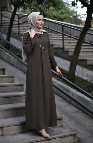 A Pleated Dress with Elastic Sleeves Khaki 8101-01