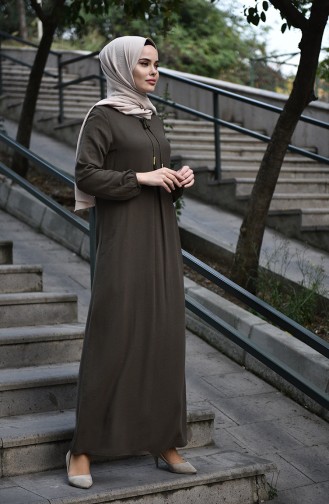 A Pleated Dress with Elastic Sleeves Khaki 8101-01