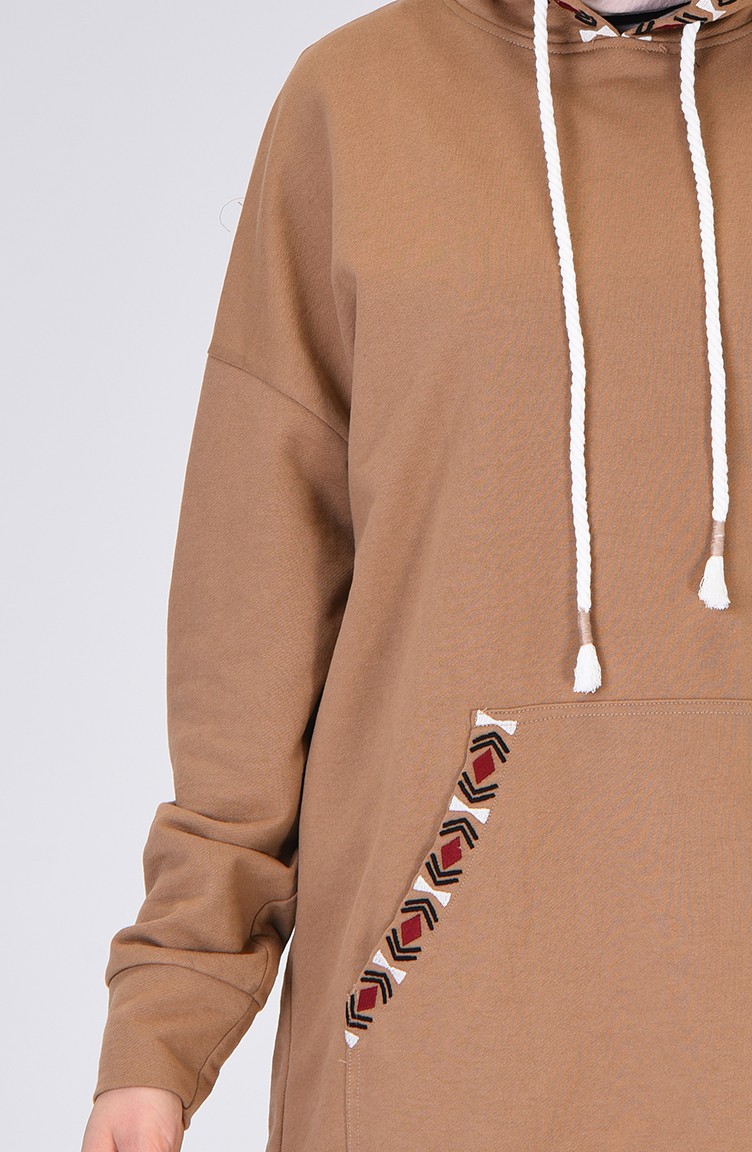 Kapüşonlu Nakışlı Sweatshirt 078404 Sütlü kahve Sefamerve