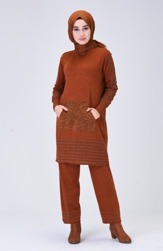 Sim Şeritli Tunik Pantolon İkili Takım 14264-01 Taba