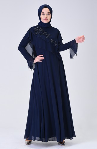 Navy Blue Hijab Evening Dress 6175-01