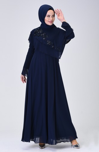 Navy Blue Hijab Evening Dress 6175-01