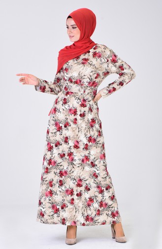 فستان بحزام بني مائل للرمادي وأحمر كلاريت 1327-04