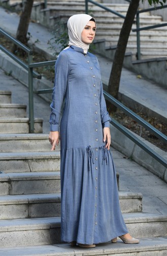 Eteği Büzgülü Tensel Elbise 8052-01 Kot Mavi