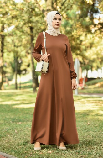 Elastic Sleeve Straight Dress Brown Tobacco 8110-02