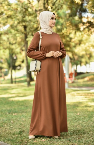 Elastic Sleeve Straight Dress Brown Tobacco 8110-02