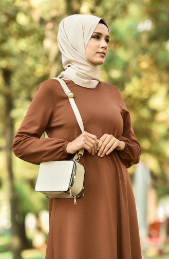 Elastic Sleeve Straight Dress Brown Tobacco 8110-02