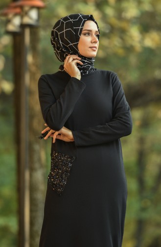 Pul Cepli Elbise 0502-01 Siyah