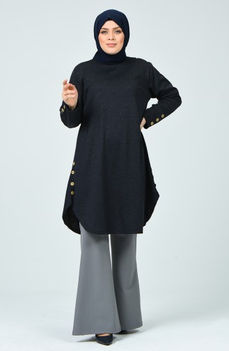 Big Size Button Detailed Tunic Navy Blue 2221-02