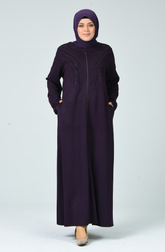 Abaya Perlé à Fermeture Grande Taille 8082-03 Pourpre 8082-03