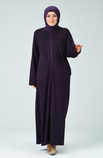 Abaya Perlé à Fermeture Grande Taille 8082-03 Pourpre 8082-03