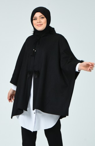 Poncho en Molleton Avec Fourrure Grande Taille 6025-01 Noir 6025-01