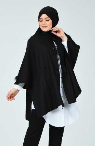 Poncho en Molleton Avec Fourrure Grande Taille 6025-01 Noir 6025-01