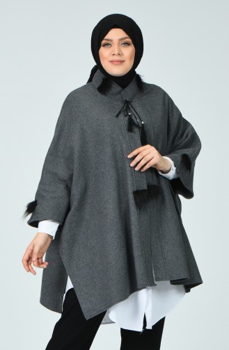 Poncho en Molleton Avec Fourrure Grande Taille 6025-03 Gris 6025-03