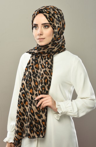 Leopar Desenli Şifon Şal 4559-03 Koyu Bej