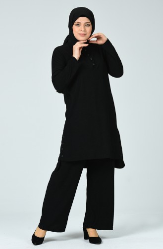 Corded Tunic Pants Double Set Black 7028-07